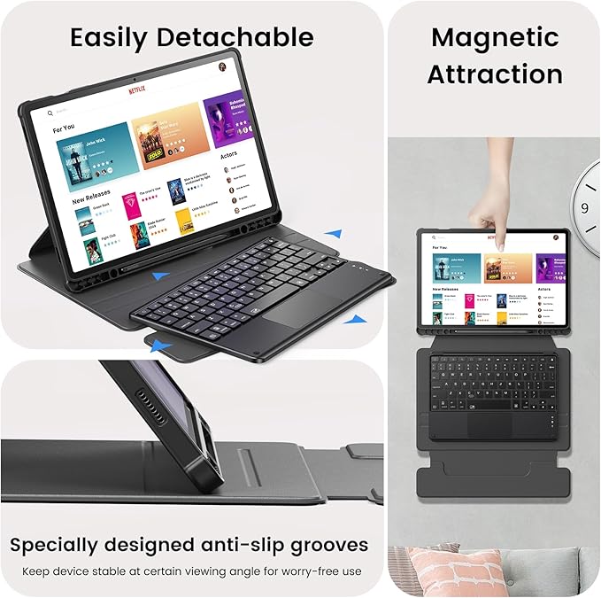 INFILAND for Galaxy Tab S10+ S9+ Plus/S9 FE+ Plus Keyboard Case [High Precision Tackpad] 360 Rotating Stand Detachable Magnetic Wireless Keyboard Cover Light Black