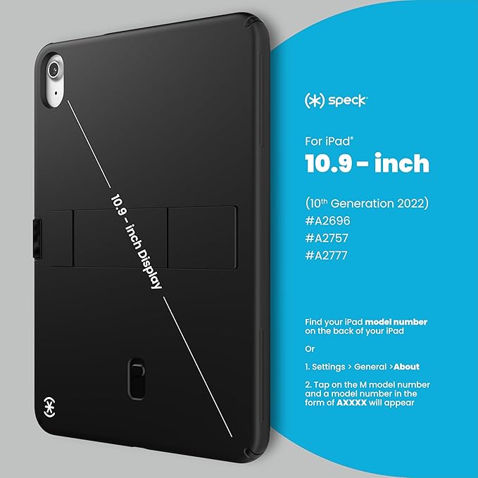 Speck iPad 10.9 Inch Tablet Case and Stand - Scratch Resistant Drop Protection &amp Quick Release Kickstand - for iPad 10th Gen 2022 - StandyShell Black/White