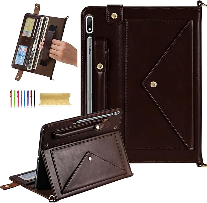 Dteck Case for Galaxy Tab S10 Plus/S9 Plus/S8 Plus+/S7 FE/S7 Plus 12.4 inchPU Leather Fold Business Stand Protective Cover with Pen Holder Card Slots Shoulder Hand Strap Handbag Wallet CaseBrown