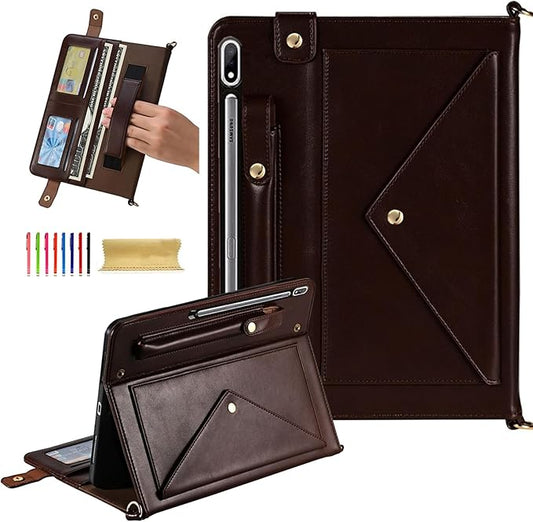 Dteck Case for Galaxy Tab S10 Plus/S9 Plus/S8 Plus+/S7 FE/S7 Plus 12.4 inchPU Leather Fold Business Stand Protective Cover with Pen Holder Card Slots Shoulder Hand Strap Handbag Wallet CaseBrown