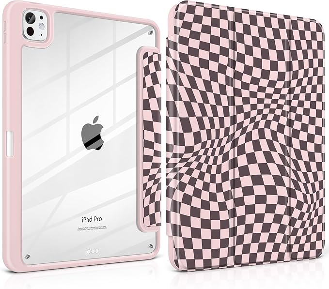 Case for iPad Pro 13 inch (M5) 2025 (M4) 2024 Release with Pencil Holder - Aesthetic Cute Design Trifold Cover with Soft TPU Bumper Clear Back Auto Sleep/Wake for Girls Women Abstract lattice