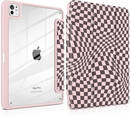 Case for iPad Pro 13 inch (M5) 2025 (M4) 2024 Release with Pencil Holder - Aesthetic Cute Design Trifold Cover with Soft TPU Bumper Clear Back Auto Sleep/Wake for Girls Women Abstract lattice