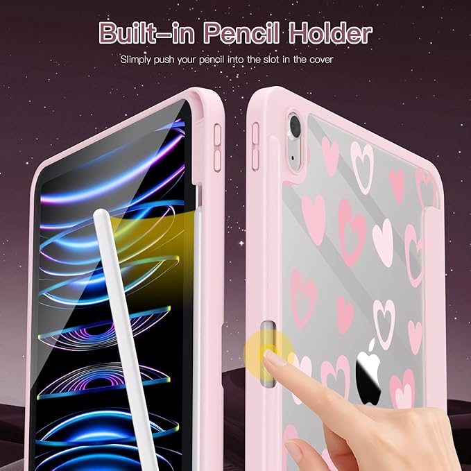 Teryeefi Clear Case for iPad (A16) 11th Generation 11 Inch 2025 Release for iPad 10th Generation 10.9 Inch 2022 Protective Shell with Pencil Holder Soft TPU+Crystal Hard Back Cover-Cute Heart
