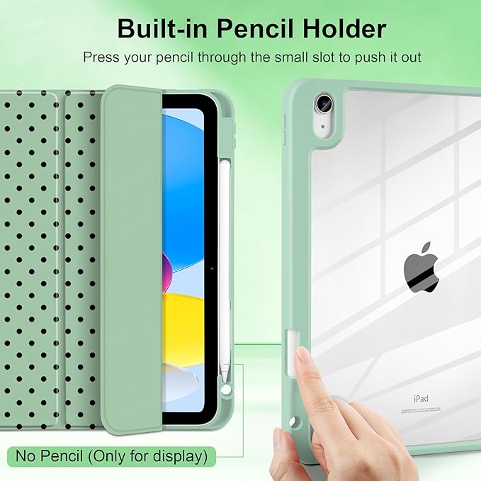 Case for iPad A16 11th Generation 11 inch 2025 iPad 10th Generation 10.9 inch 2022 -[Built-in Pencil Holder] Shockproof Clear Hard Back Trifold Stand Auto Wake/Sleep Green Polka dot