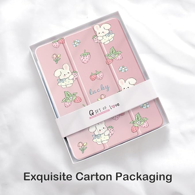 Cute Kawaii Bunny Strawberry for iPad Pro 12.9 Inch Case 5th/6th Generation 2022/2021/2020 with Pencil Holder Auto Sleep/Wake Pink Leather Clear Acrylic Back Cover