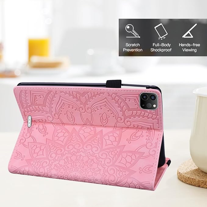 Folio Case for iPad Pro 13-inch M4 M5 (2024-2025) Techcircle Anti-Slip Stand Mandala Embossed PU Leather Soft TPU Back Protective Cover with Elastic Strap Card Slots &amp Pencil Holder Pink