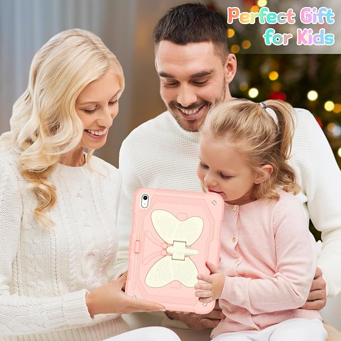 Case for iPad (A16) 11th/10th Generation 2025/2022 11/10.9 for Kids Girls with 9H Tempered Glass Screen Protector Rugged Shockproof Protective with Butterfly Stand Carrying Strap-Rose Pink