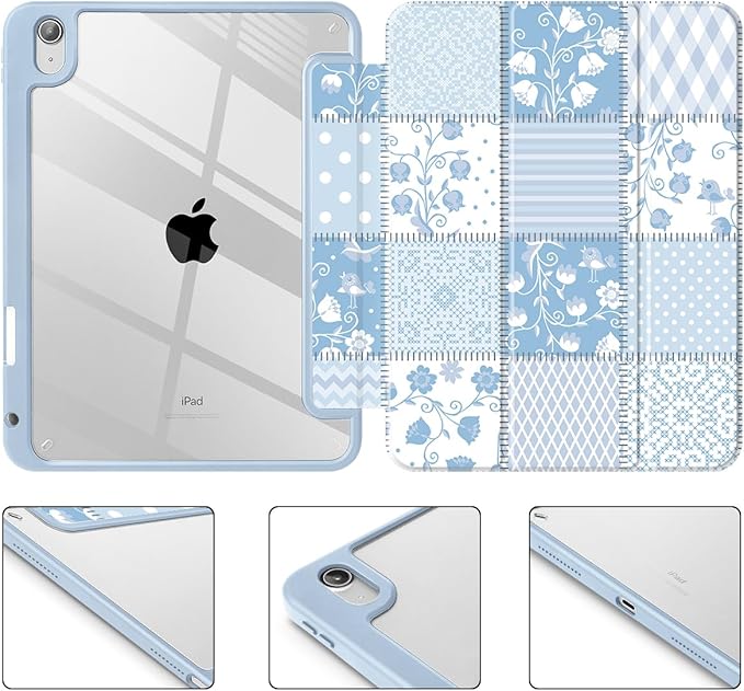 Tuiklol Case for iPad 11 inch (A16 Chip) 2025 Gen 11th / iPad 10.9 inch 2022 10th Gen Buit in Pencil Holder with Shockproof Cover Clear Transparent Back Shell Auto Wake/Sleep Patchwork Floral
