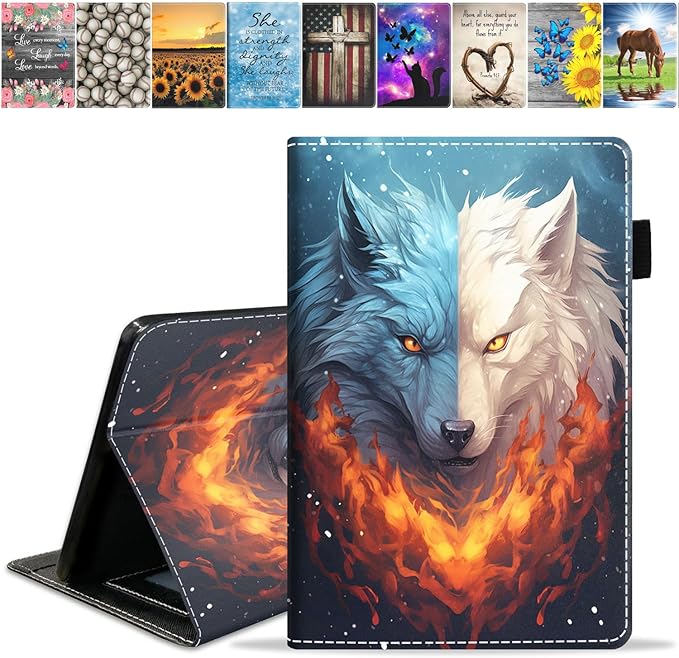 Case for Amazon Kindle Fire HD 10 &amp 10 Plus Tablet (13th/11th Generation 2023/2021 Release) 10.1 - Premium PU Leather Stand Cover with Smart Auto Wake Ice Wolf and Fire Wolf Combined