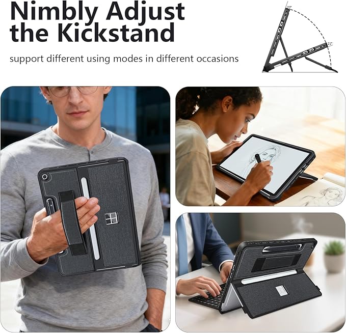 Protective Case for Microsoft Surface Pro 12 inch 2025 | Fall-Resistant Cover with Hand Strap | Compatible with Built-in Kickstand &amp Magnetic Slim Pen Storage &amp Type Cover Keyboard | Black