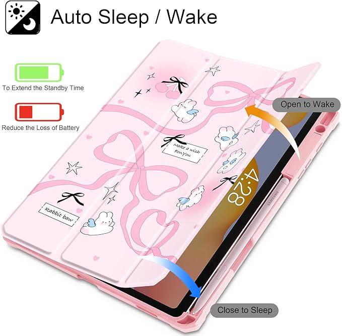 Mektron Case for Samsung Galaxy Tab S6 Lite 10.4 Inch 2024/2022/2020 with S Pen Holder Multi-Angle Viewing with Shockproof Cover Clear Shell + Trifold Stand + Auto Wake/Sleep Pink Bows-Rabbits