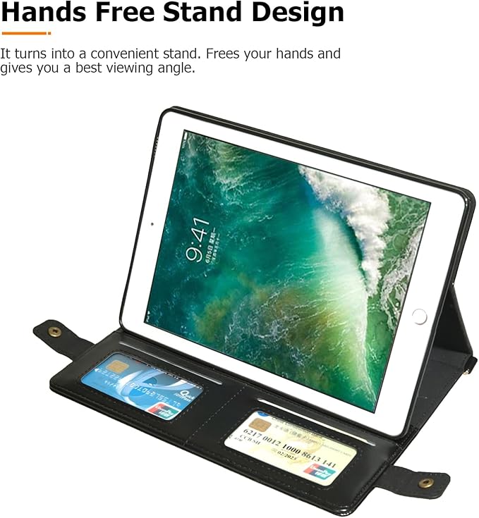 Dteck Case for iPad 6th/5th Generation 9.7 Inch 2018/2017/iPad Air 2/1Premium PU Leather Business Folio Stand Smart Auto Wake/Sleep Cover Shoulder/Hand Strap Pencil Holder Wallet CaseBlack