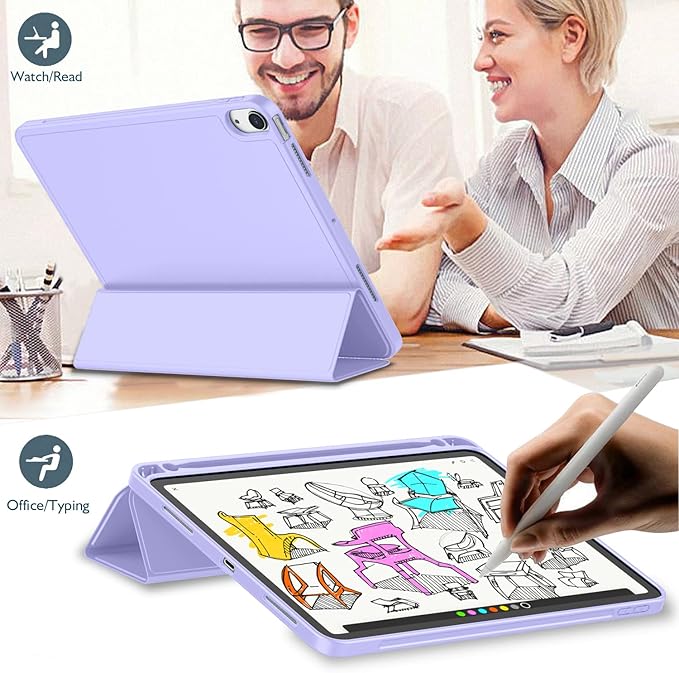 iMieet iPad Air 11 Inch Case M4/M3/M2(2026/2025/2024) iPad Air 5th/4th Generation Case 2022/2020 10.9 Inch with Pencil HolderTrifold Stand Smart Case with Soft TPU Back(Light Purple)