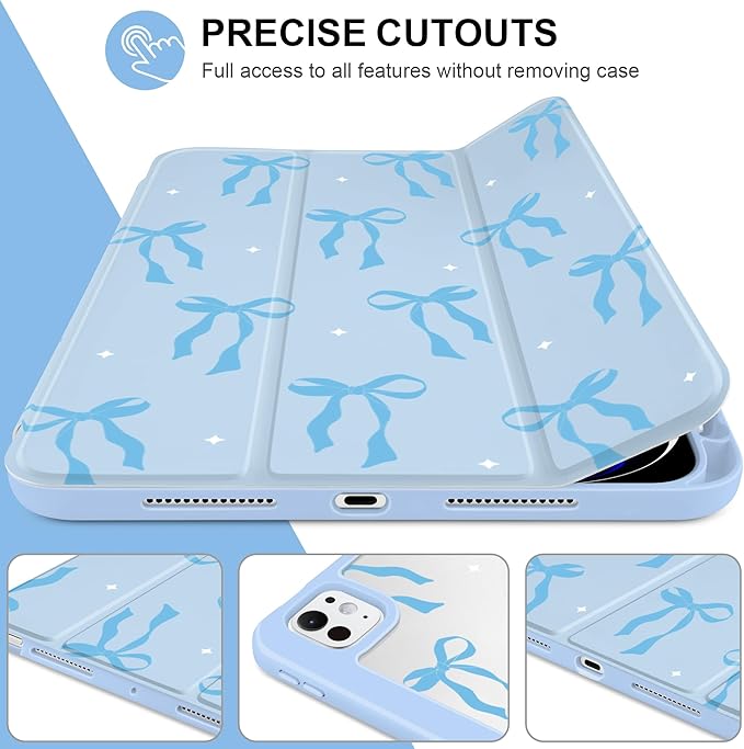 MecBevia Case for iPad Pro 11 inch M5 2025 / M4 2024 (6th/5th Gen) A3357 A3358 A3359 A2836 A2837 A3006 – Built-in Pencil Holder &amp Auto Wake/Sleep Blue Bow