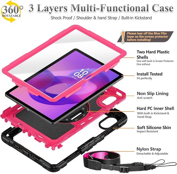SEYMAC stock Case for Lenovo Idea Tab 11'' 2025/ Tab M11 2024/ K11 (TB336FU/TB330FU) Drop-Proof Case for Lenovo 11 inch with 360° Rotate Stand/Strap [Pen Holder] &amp Screen Protector Rose+Black
