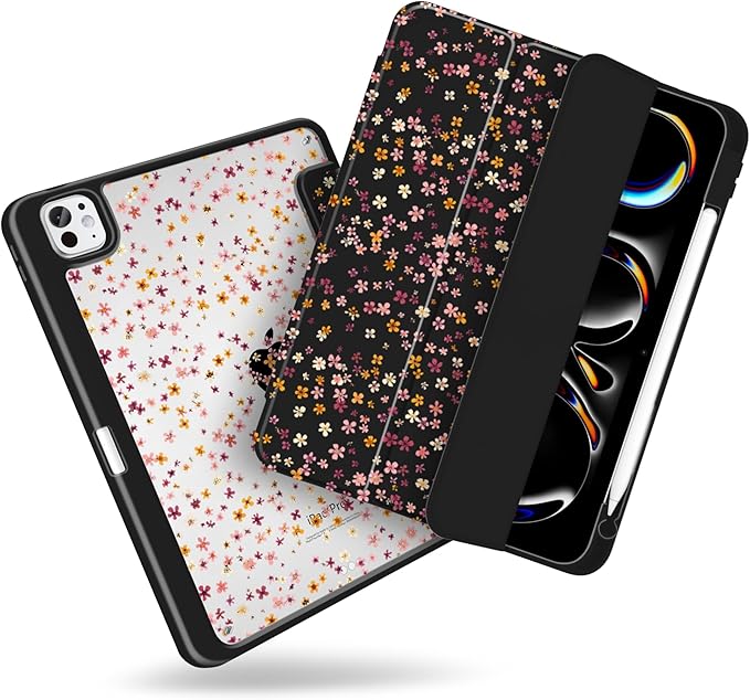 MecBevia Case for iPad Pro 11 inch M5 2025 / M4 2024 (6th/5th Gen) A3357 A3358 A3359 A2836 A2837 A3006 – Built-in Pencil Holder &amp Auto Wake/Sleep Tiny Floral