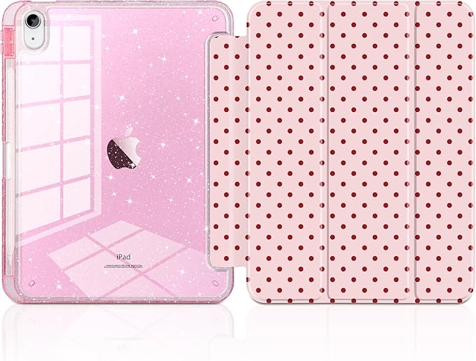 TWOLSKOO Sparkly Case for iPad Pro 11 inch (M5 2025 / M4 2024) Glitter Hard Acrylic Back with Pencil Holder Slim Trifold Stand Folio Cover Auto Sleep/Wake Pink Polka Dot