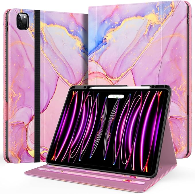 Case for New iPad Pro 12.9 inch 6th/5th/4th/3rd Generation 2022/2021/2020/2018 12.9'' ipad Pro Leather Folio Protective Cover 6/5/4/3 Gen with Pencil Holder Auto Wake/Sleep Marble Pink