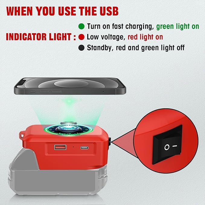 Wireless Charger for Milwaukee M-18 18V Battery15W Max Wireless Charging Adapterwith USB-A&ampUSB-C 2.1A Fast Charge PortsCell Phone Chargers Using Tool Battery