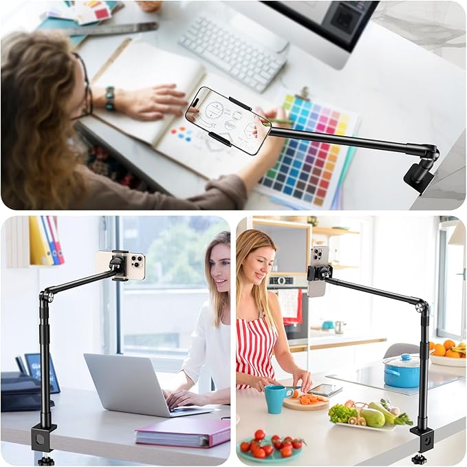 elitehood Aluminum Arm Phone Holder for Bed [360° Swivel Tilt Rotation] Adjustable Bedside Phone Holder Laying Down iPhone Stand for Bed Desk Overhead iPhone Clamp Mount Fit All 4-7’’ Cellphone