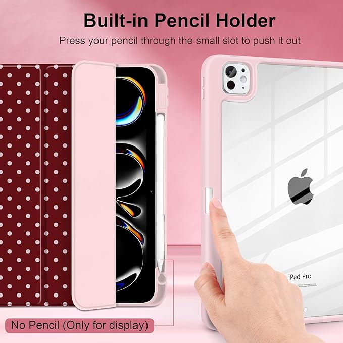 TWOLSKOO Case for iPad Pro 11-inch (M5 2025 / M4 2024) Clear Acrylic Back with TPU Bumper Pencil Holder Trifold Stand Auto Sleep/Wake Red Polka Dot