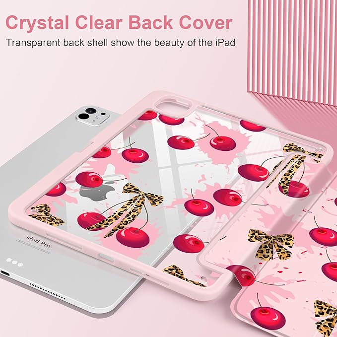 Case for iPad Pro 11 Inch (M5 2025 M4 2024) – [Built-in Pencil Holder] Shockproof &amp Stylish Clear Hard Back + Soft TPU Edge Magnetic Trifold Stand Auto Wake/Sleep Cherry &amp Leopard