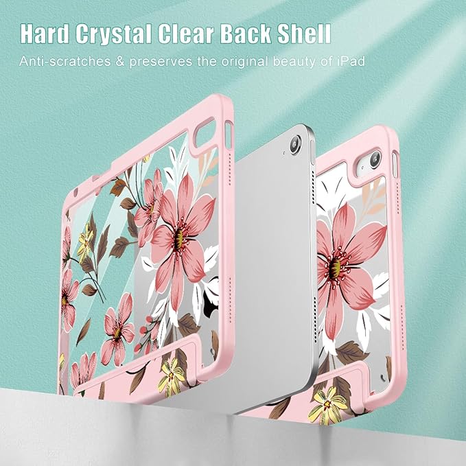 Mektron Case for 2026 iPad Air 13 inch M4 Cover Compatible 2025 iPad Air 13 inch M3 2024 iPad Air 13 inch M2 with Pencil Holder Shockproof Clear Shell Floral C293