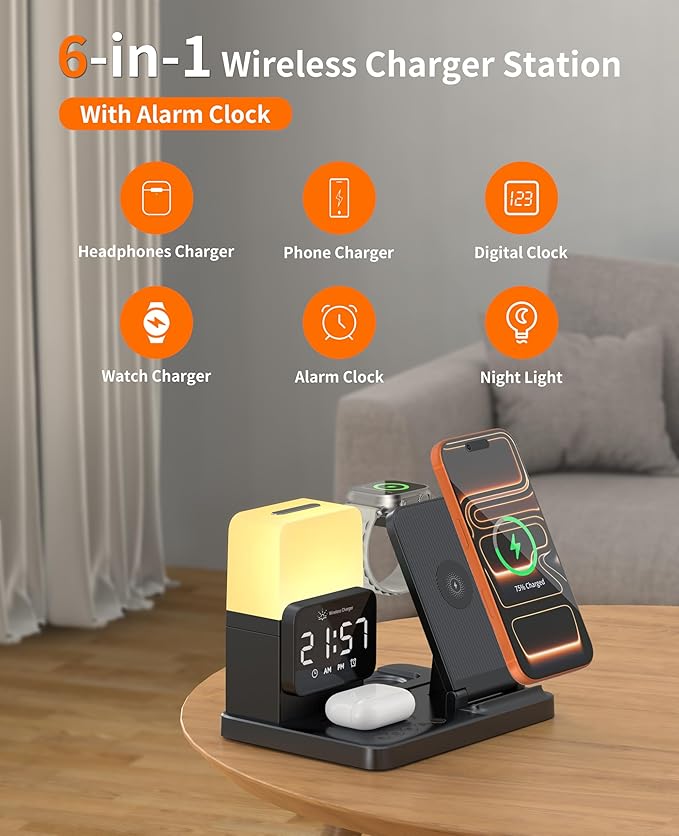 6-in-1 Wireless Charging Station Charger Stand for Apple Multiple Devices for iPhone 17 16 15 14 13 12 Pro Max Watch Airpods Wireless Charger iPhone Charging Station with Night Light/Alarm Clock