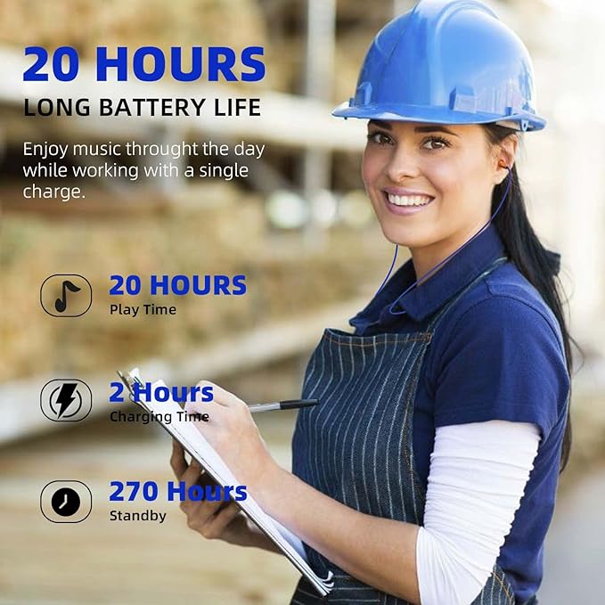 Ear Plugs Bluetooth Headphones for Work Neckband Wireless Earbuds Noise Reduction in-Ear Earphones with Mic and Controls Waterproof Earbuds with 20 Hours Battery for Industrial Safety