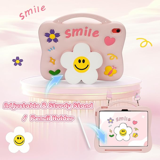 Kids Case for iPad （A16） 11th Generation 11 inch 202510th Generation 10.9‘’ 2022 3D Cute Silicone Cover with Sunflower Kickstand Adjustable Shoulder Strap &amp Pencil Holder for Girls -Pink