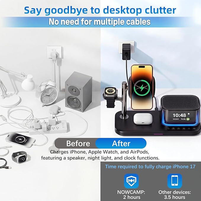 45W 5 in 1 Wireless Charging Station with Alarm Clock and Bluetooth Speaker &amp Night Light Qi2.2 25W Fast Charger for MagSafe for iPhone 17/S26 Ultra Charger Stand for iWatch &amp Galaxy Watch