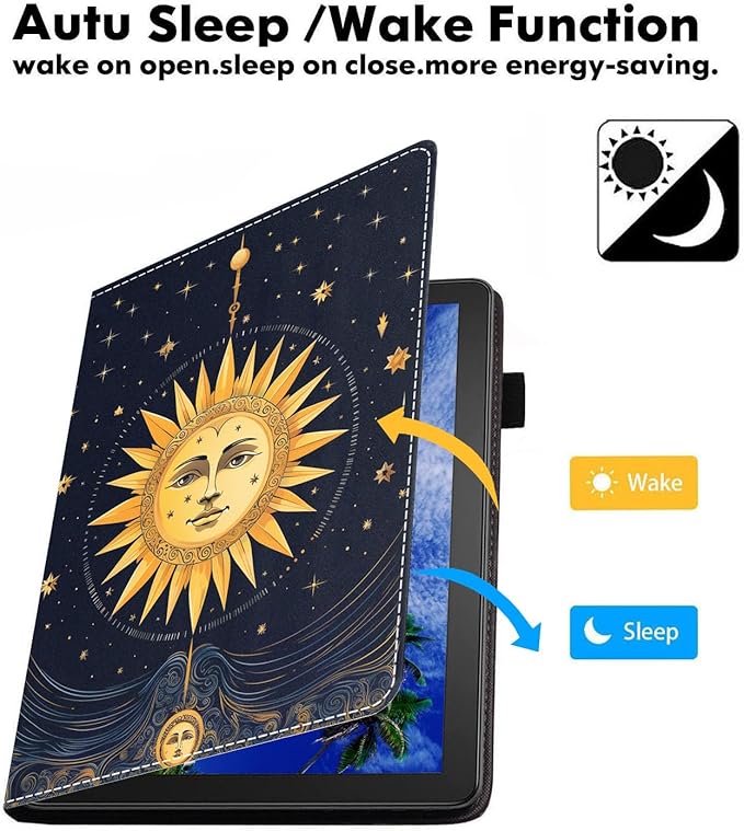 Case for Amazon Kindle Fire 7 Tablet (7 9th/7th Generation 2019/2017 Release) Slim PU Leather Cover with Card Slot &amp Auto Wake/Sleep Mysterious Bohemian Celestial Theme Sun