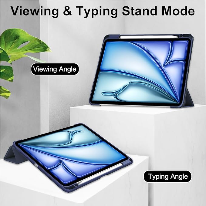 Stand Case for iPad Air 13 inch M2 (2024) with Clear Transparent Back &amp Soft TPU Shockproof Frame Cover [Built-in Pencil Holder] [Auto Sleep/Wake] Smart Lightweight Trifold Shell Dark Blue