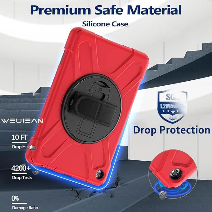 Weuiean Case for 10/10 Plus 13th Generation 10.1 2023 Military-Grade Heavy-Duty Shockproof Cover with 360° Rotating Stand Built-in Pencil Holder &amp Adjustable Hand/Shoulder Strap - Red