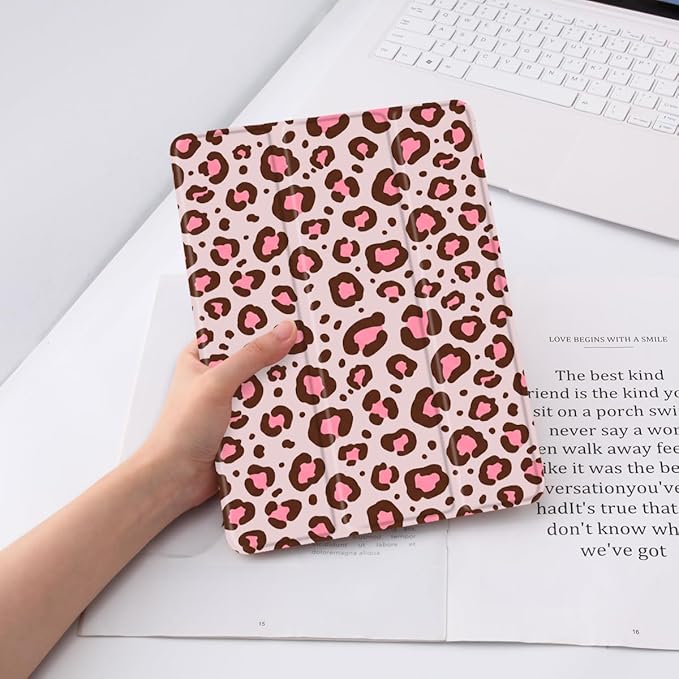 Pink Leopard Print Case for iPad Pro 13 Inch M5 2025/M4 2024 Cute Animals Design Leather Protective Case Foldable Soft Back Cover with Pencil Holder