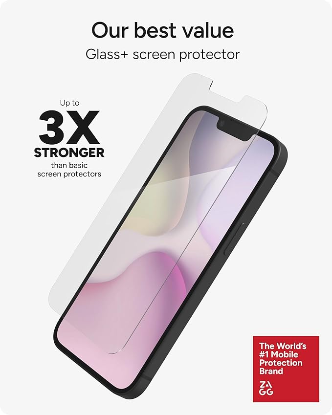 ZAGG Glass+ Screen Protector for iPhone 17e/ 16e/ 14/13/ 13 Pro - 3X Shatter Protection High Scratch Resistance Oil-Resistant Reinforced Edges InvisibleShield Easy Install