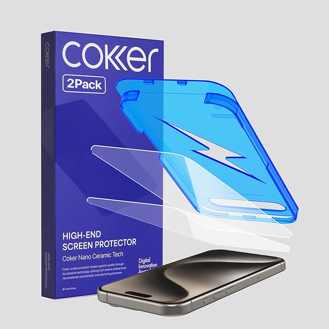 COKER 2PACK Tempered Glass Screen Protector Designed for iPhone 15 Pro Rounded Edge 9H Hardness Shatterproof Anti-Scratch Anti-Fingerprint Touch Sensitive Easy Installation