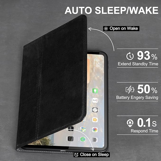 Gexmil Leather Case for iPad (A16) 11th Generation 11 Inch 2025 iPad 10th Generation 10.9 Inch 2022Protective Full Grain Leather Cover Support Auto Sleep/WakeAnti SlipSanded Black