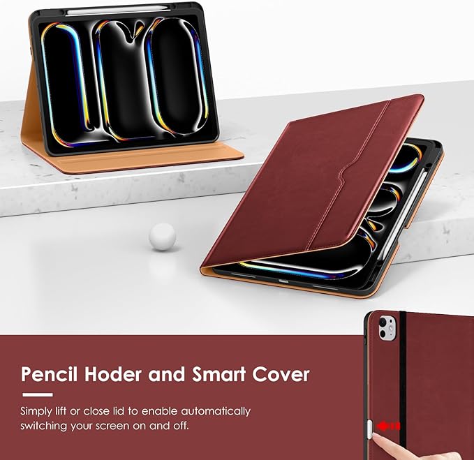 VIKESI Case for iPad Pro 13-inch M5 or M4 Released in 2025 or 2024 Leather Stand Cover with Apple Pencil Holder Auto Wake/Sleep Multiple Viewing Angles Built in Hand Strap &amp PocketBurgundy Re