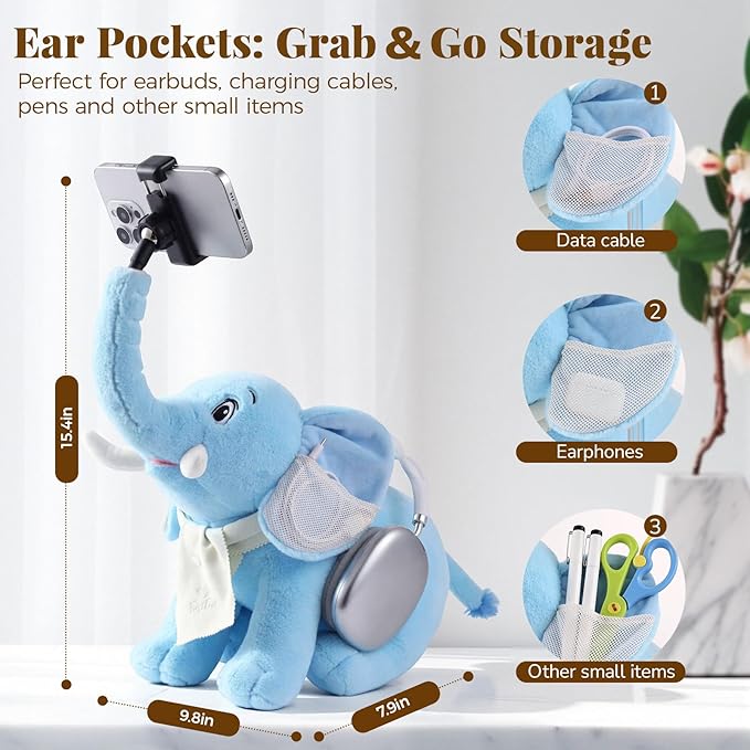Phone Stand 360°Rotating Desk Phone Stand with 45°Adjustable Trunk Ear Pockets Glasses Cloth Scarf - Plush Phone Holder Back Fits Headphones Cell Phone Stand for desk Bed Sofa Car-Gray/Blue