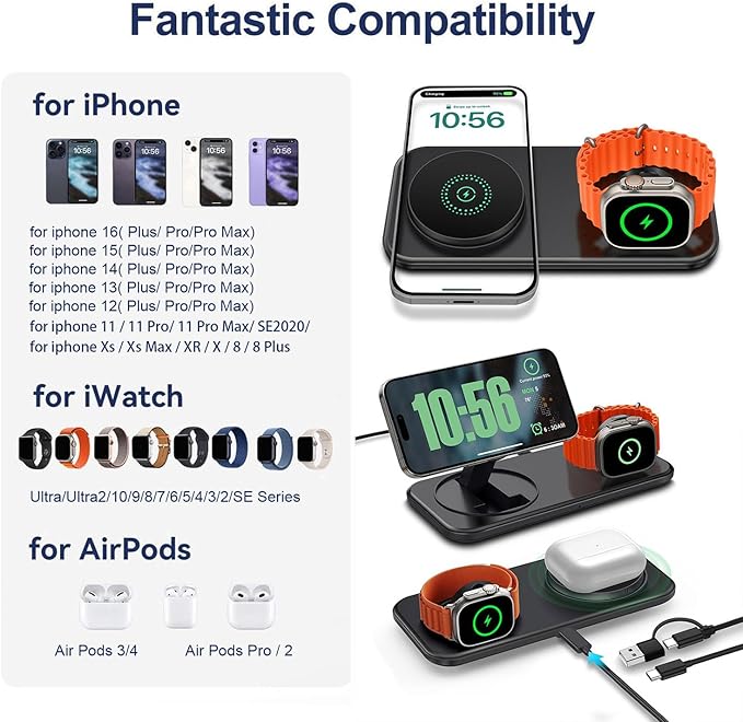 2 in 1 Wireless Charging Station for Mag-Safe Magnetic Wireless Charger Pad 15W Fast Charge for iPhone 17 Pro Max/17 Air/16/16 Plus/15/14/13/12AirPods Pro 3Apple Watch SeriesBlack