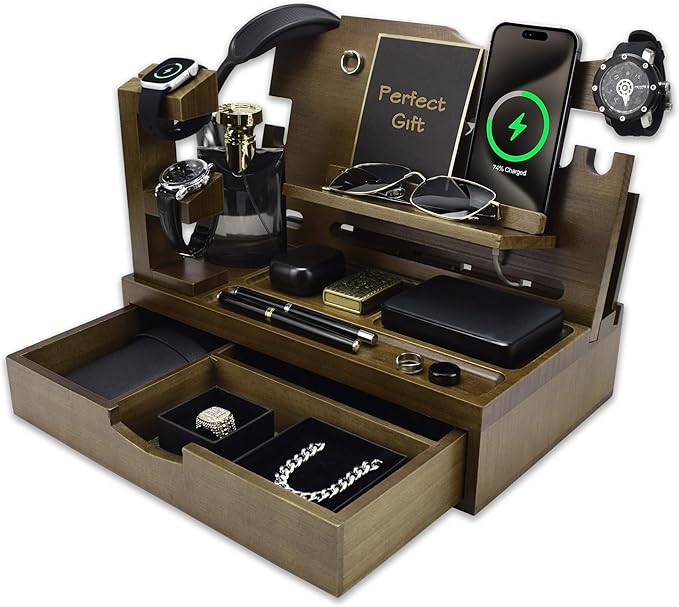 Nightstand Organizer for Men with Large Drawer Wood Phone Docking Station for Phone Apple Watch Wallet &amp Keys Ideal Birthday Gift for Father Husband Bedside Desk Organizer (Brown)