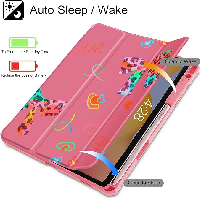 Mektron Case for Samsung Galaxy Tab S6 Lite 10.4 Inch 2024/2022/2020 with S Pen Holder Multi-Angle Viewing with Shockproof Cover Clear Shell + Trifold Stand + Auto Wake/Sleep Neon Bows-Red