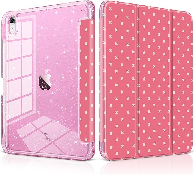 DONGKE for iPad Pro 11 inch Case – Fits M5 2025 / M4 2024 Shockproof Sparkling Glitter Acrylic Back Pencil Holder Trifold Stand Auto Sleep/Wake &amp Touch ID Support - Dark Pink Cross Dot