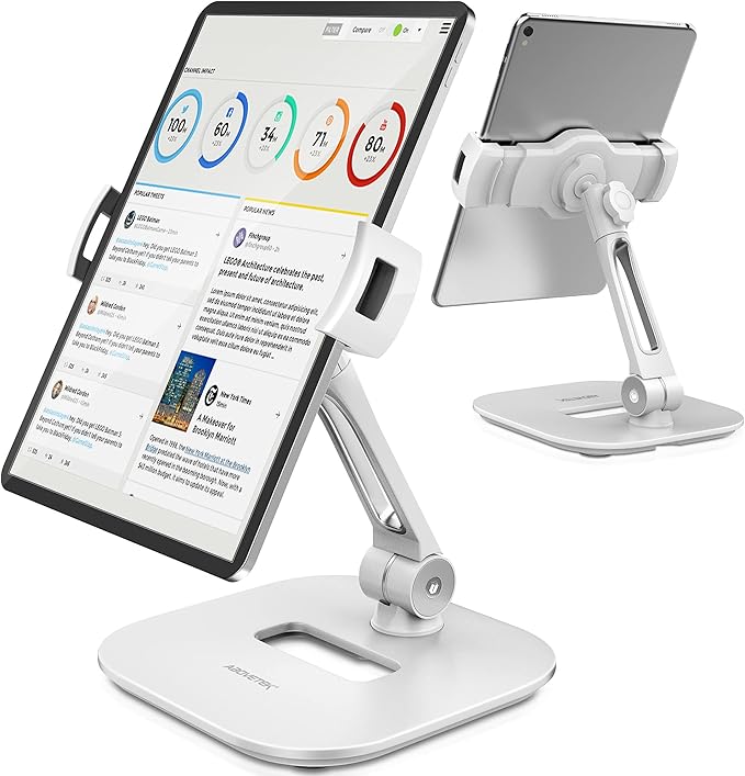 AboveTEK Tablet Stand Holder Stylish Aluminum iPad Stands Foldable 360° Swivel iPad iPhone Table Stand Holder fits 4-11 Tablets/Smartphones for Kitchen Bedside Office POS Showroom Reception (White)