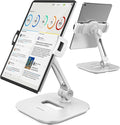 AboveTEK Tablet Stand Holder Stylish Aluminum iPad Stands Foldable 360° Swivel iPad iPhone Table Stand Holder fits 4-11 Tablets/Smartphones for Kitchen Bedside Office POS Showroom Reception (White)