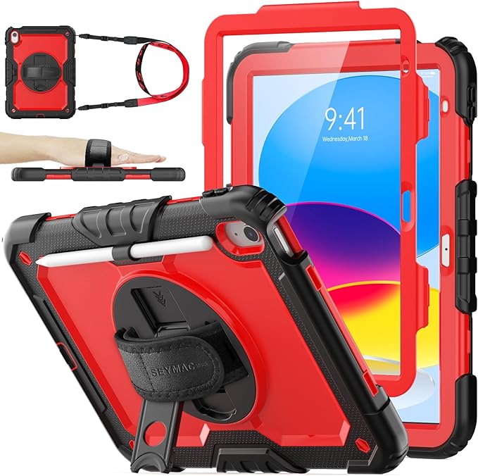 SEYMAC stock Case for iPad (A16) 11th/10th Generation 11''/10.9'' 2025/2022 Full-Body Drop Protection Case with Screen Protector &amp360° Rotate Hand Strap/Stand Red+SiliconeBlack