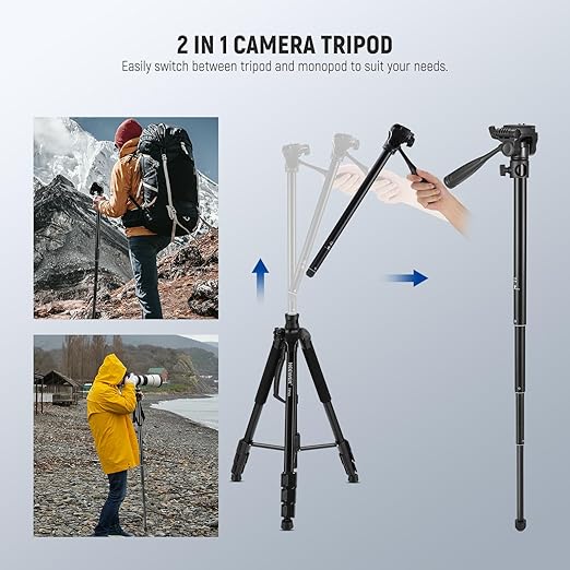 NEEWER Basics TP05 74 Video Tripod Monopod 3 Way Pan Tilt Head Phone Holder Compatible with iPhone DSLR Travel Recording Stand Overhead Camera Mount Crossbar 17.6lb Load