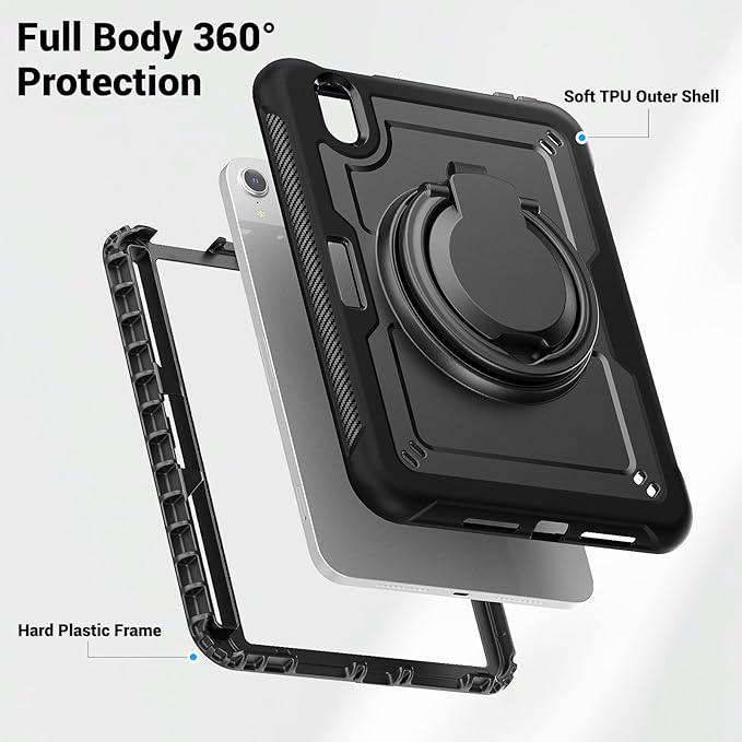 Case for iPad mini 7 (A17 Pro) 2024/ Mini 6 8.3'' with Pencil Holder Screen Protector [360 Rotating Handle &amp Stand] &ampShoulder Strap Shockproof Case for iPad mini 7th/6th Generation Black