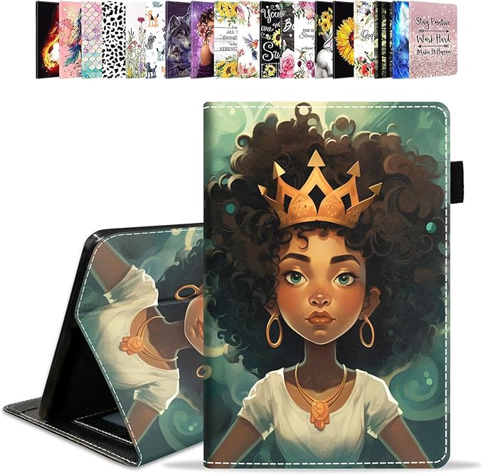 Case for All-New Kindle Fire HD 10 &amp 10 Plus Tablet 10.1 (13th/11th Generation 2023/2021 Release) - PU Leather Folio Case with Smart Auto Wake/Sleep African American Girl Wearing Crown